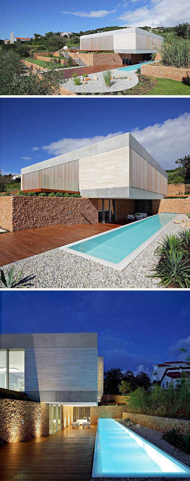 The exterior of this modern house uses smooth concrete, Travertine, vertical wooden shutters, and large sliding glass walls. To the side of the house, there's a covered terrace and a linear 55 foot (17m) long outdoor pool. #ModernHouse #ModernArchitecture #SwimmingPool #LandscapeDesign