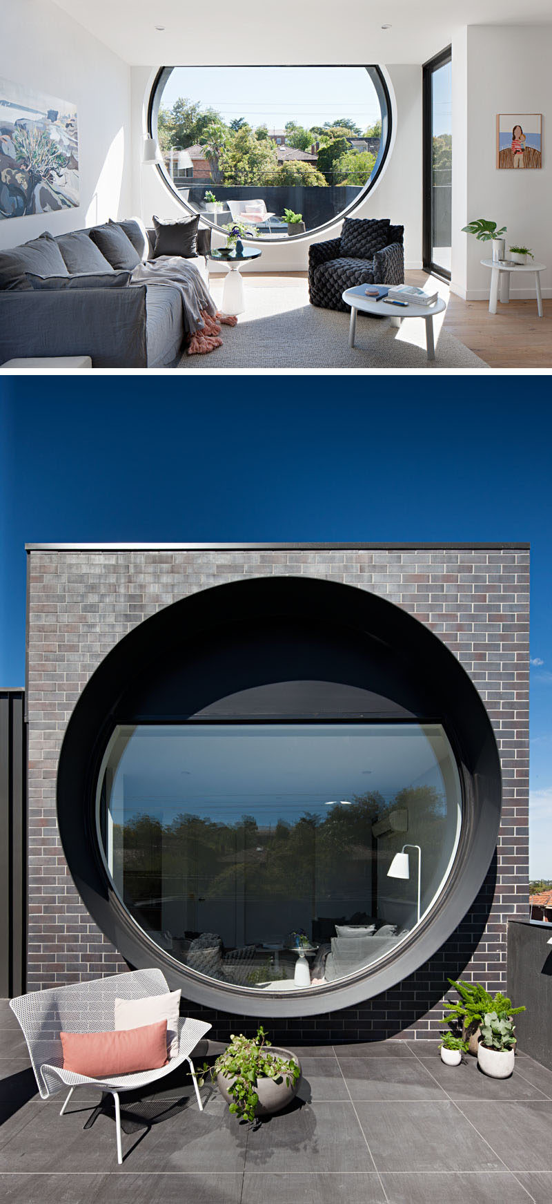 In this modern apartment, the living room is situated next to the large porthole window that provides rooftop views of the surrounding area. Just off the living room is a door that provides access to a small balcony. #Windows #LivingRoom #RoundWindow #Porthole #Architecture #InteriorDesign