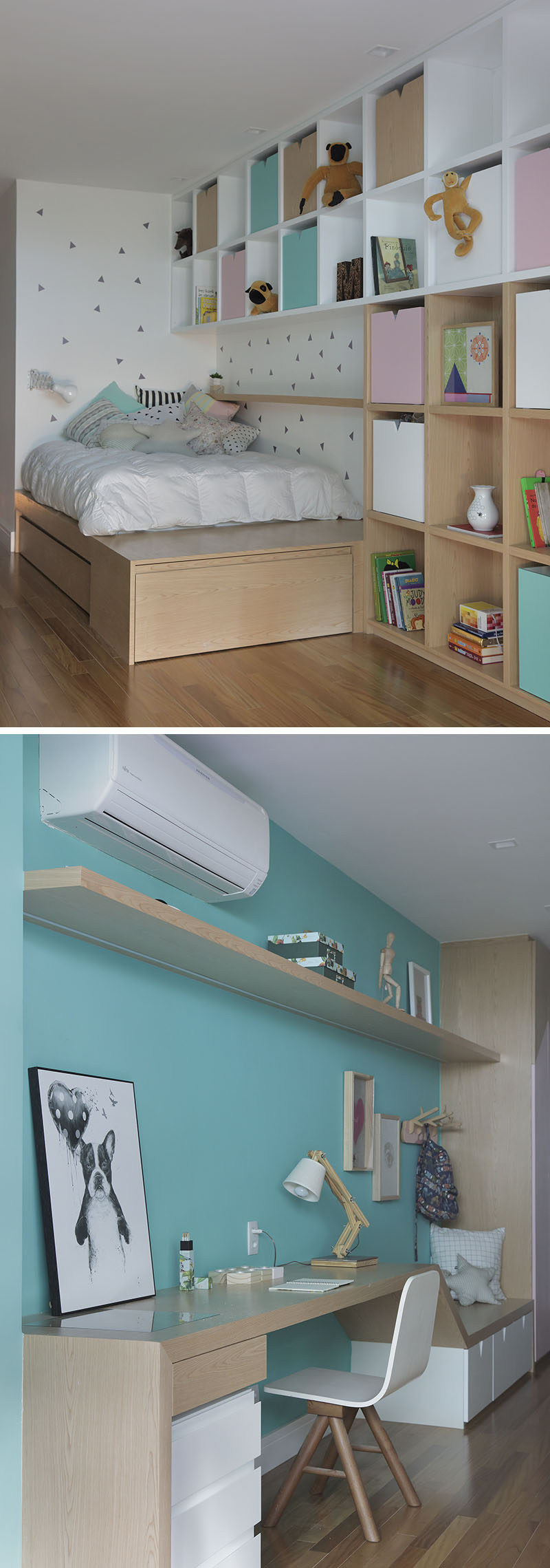 In this modern children's bedroom, a wood bed frame has been custom designed and it morphs into a wood and white bookshelf with colorful storage boxes. On the opposite wall, a teal blue wall becomes the background for a built-in bench and desk. #KidsBedroom #ChildrensBedroom #ModernKidsRoom #ModernBedroom