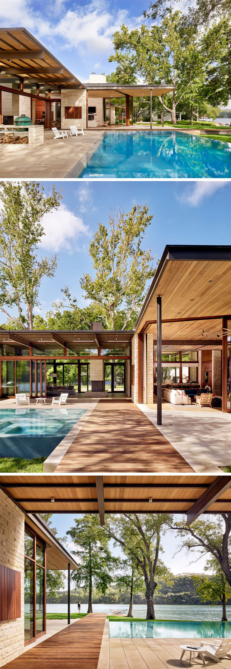 At the rear of this modern lakeside home there's a large swimming pool and outdoor spaces that are covered due to the overhanging roofline. A wood path, that matches the one at the front of the house, leads down to a dock on the lake. #ModernHouse #SwimmingPool #Landscaping