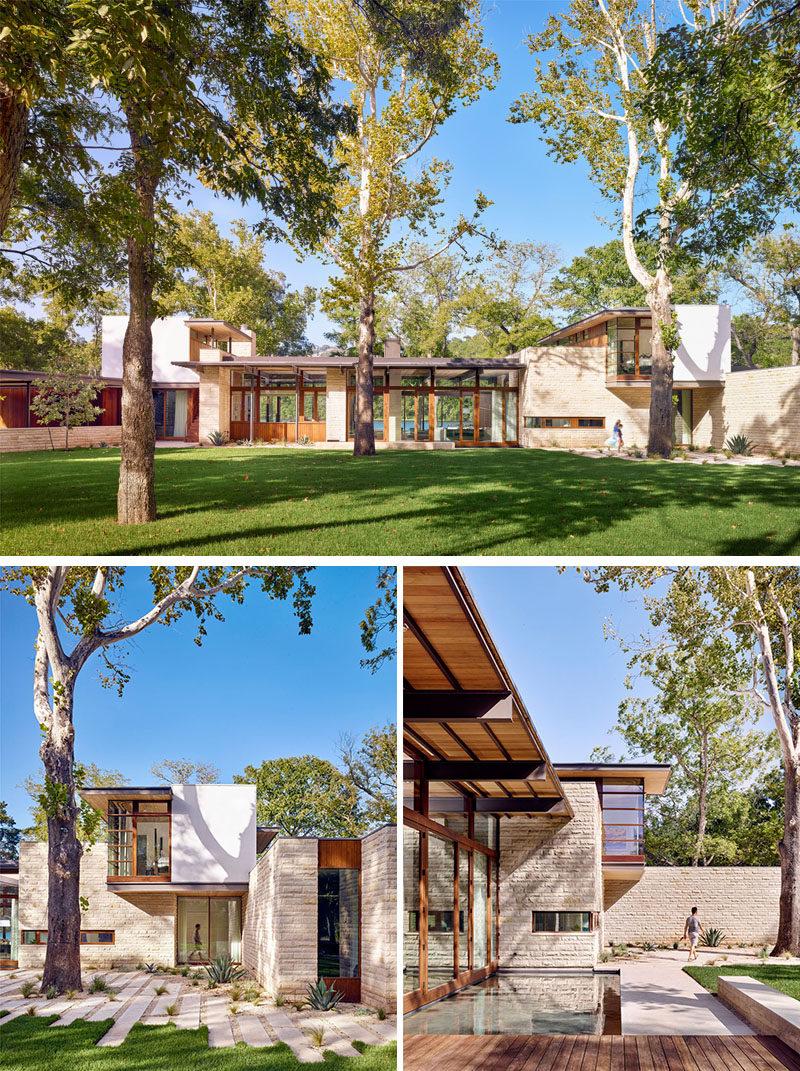 A landscaped front garden has mature sycamore, cypress and pecan trees with a stone and wood path leading to the front entryway of this modern house. #Architecture #ModernHouse #Landscaping #LandscapeDesign