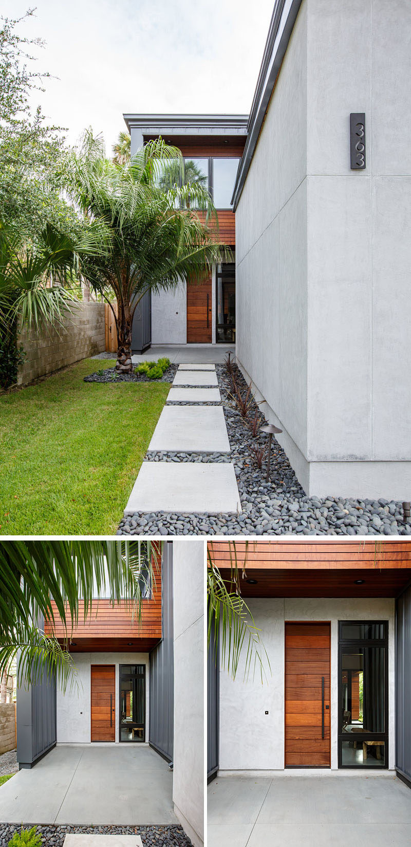 The wood front door of this modern house is tucked away down a path of pavers that's surrounded by pebbles and grass. #landscaping #path #ModernFrontDoor #ModernHouse