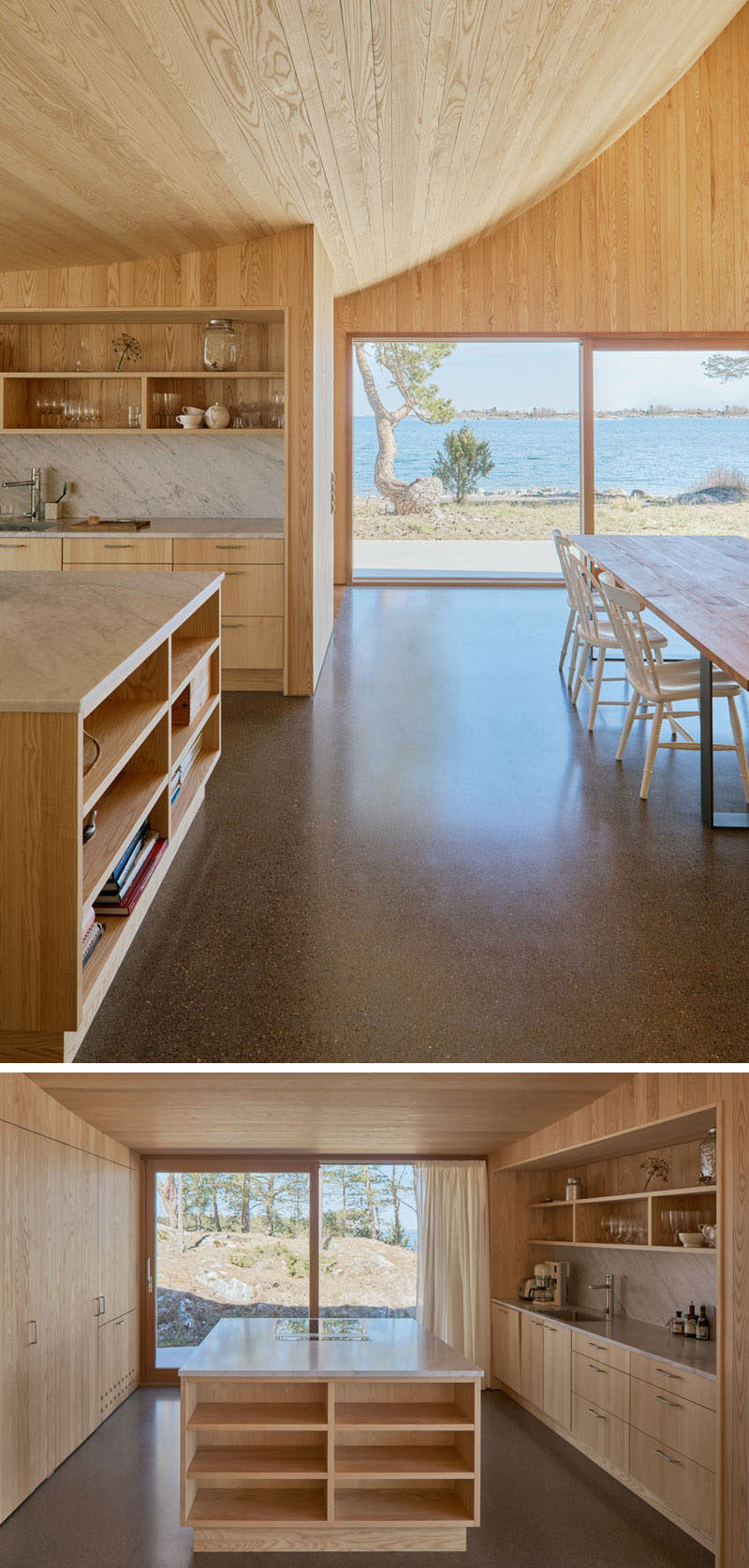 In this Scandinavian kitchen, simple wood shelving and cabinets are combined with a light grey counter. The kitchen also opens to a small terrace and has views of the surrounding land. #ScandinavianKitchen #LightWoodKitchen #ModernKitchen #InteriorDesign