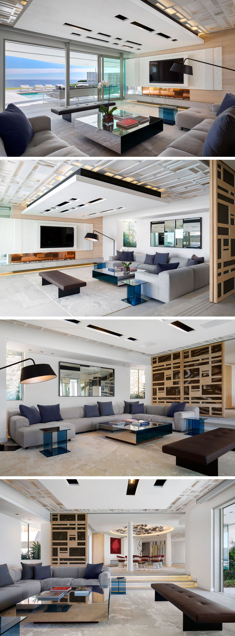This modern house has an informal lounge with sliding glass doors that open to the pool deck and a BBQ area. A decorative ceiling detail draws your eye upward, making the room feel taller. #LivingRoom #InformalLounge #ModernInteriorDesign