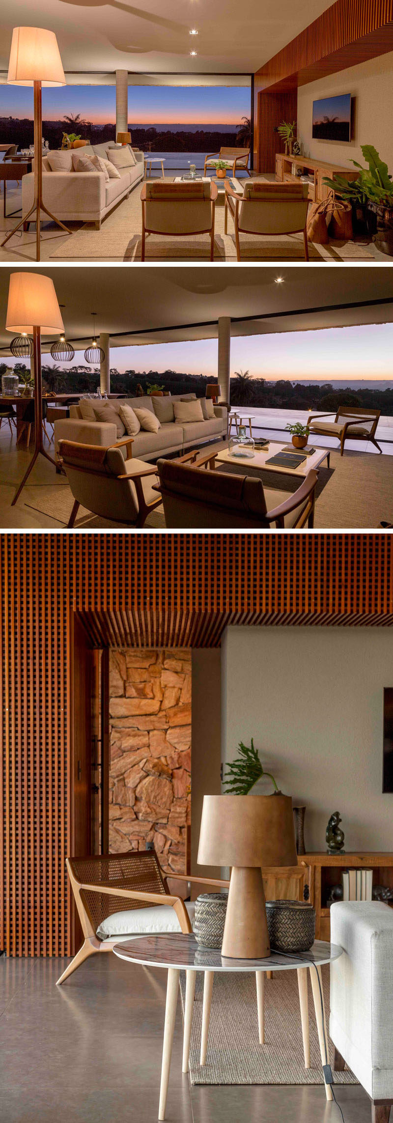 This modern living room with a couch and a few armchairs opens up to a large deck with views of the mountains. #LivingRoom #ModernLivingRoom #InteriorDesign