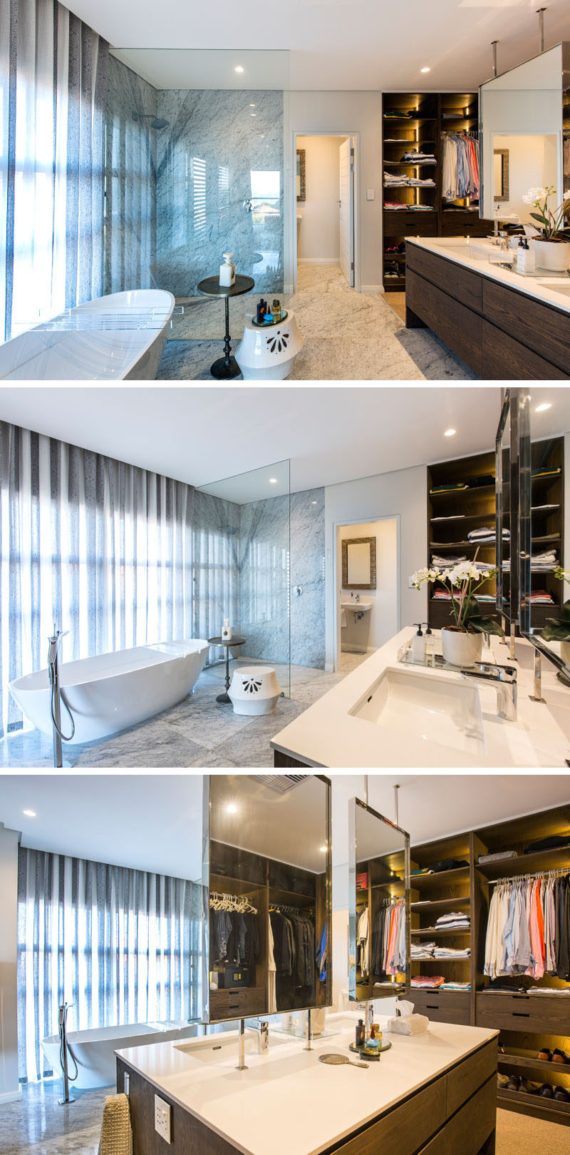 In this modern master bathroom, the space is open plan with the glass enclosed shower, bath, double-sided vanity and closet all sharing the same room. #Bathroom #MasterBathroom #EnsuiteBathroom #Closet