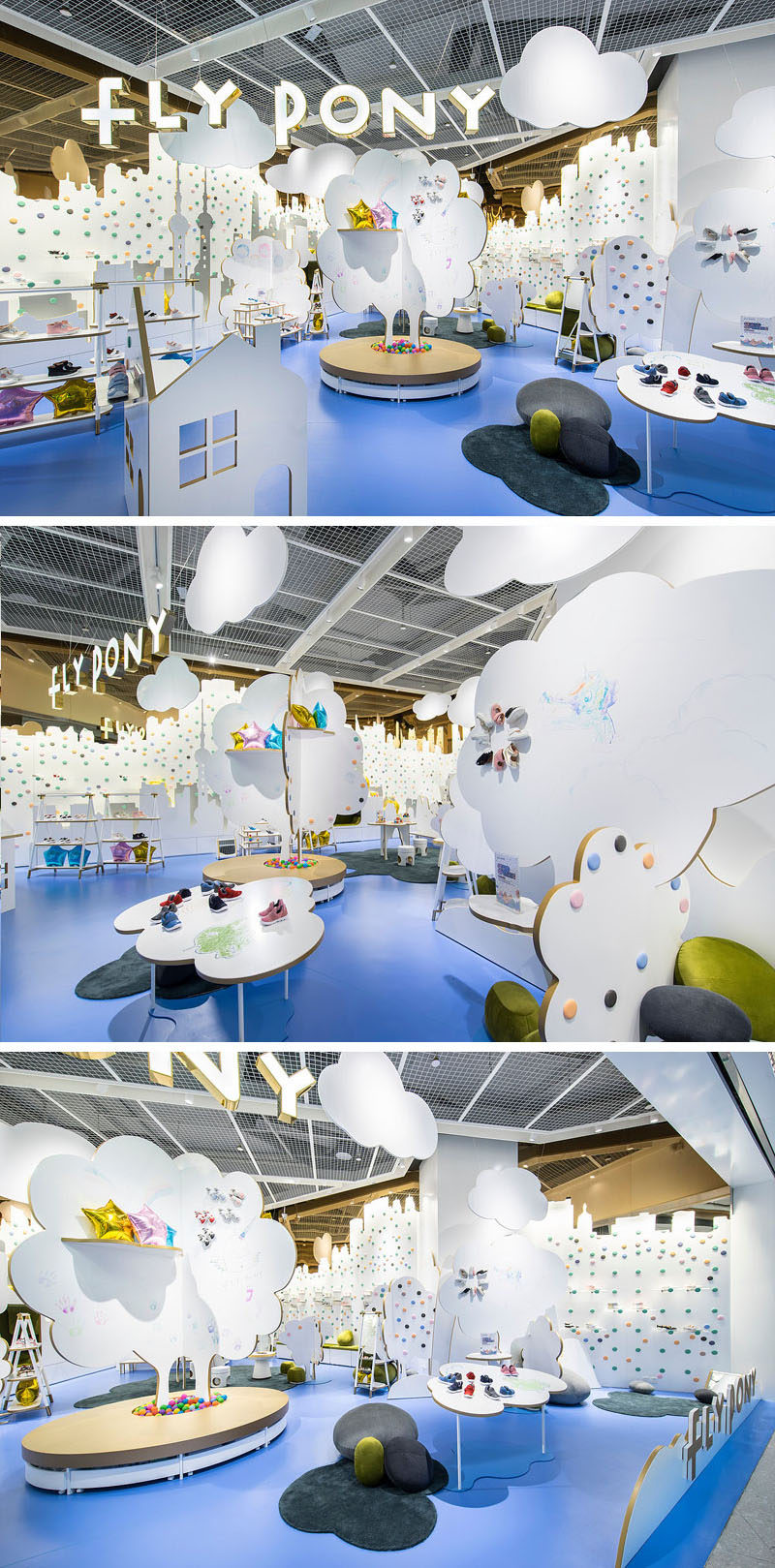 PRISM DESIGN have recently completed Fly Pony, a new modern children's shoe store in Shanghai, China, that is full of wonder and represents a story of a young child. #ShoeStore #RetailDesign #InteriorDesign #StoreDesign