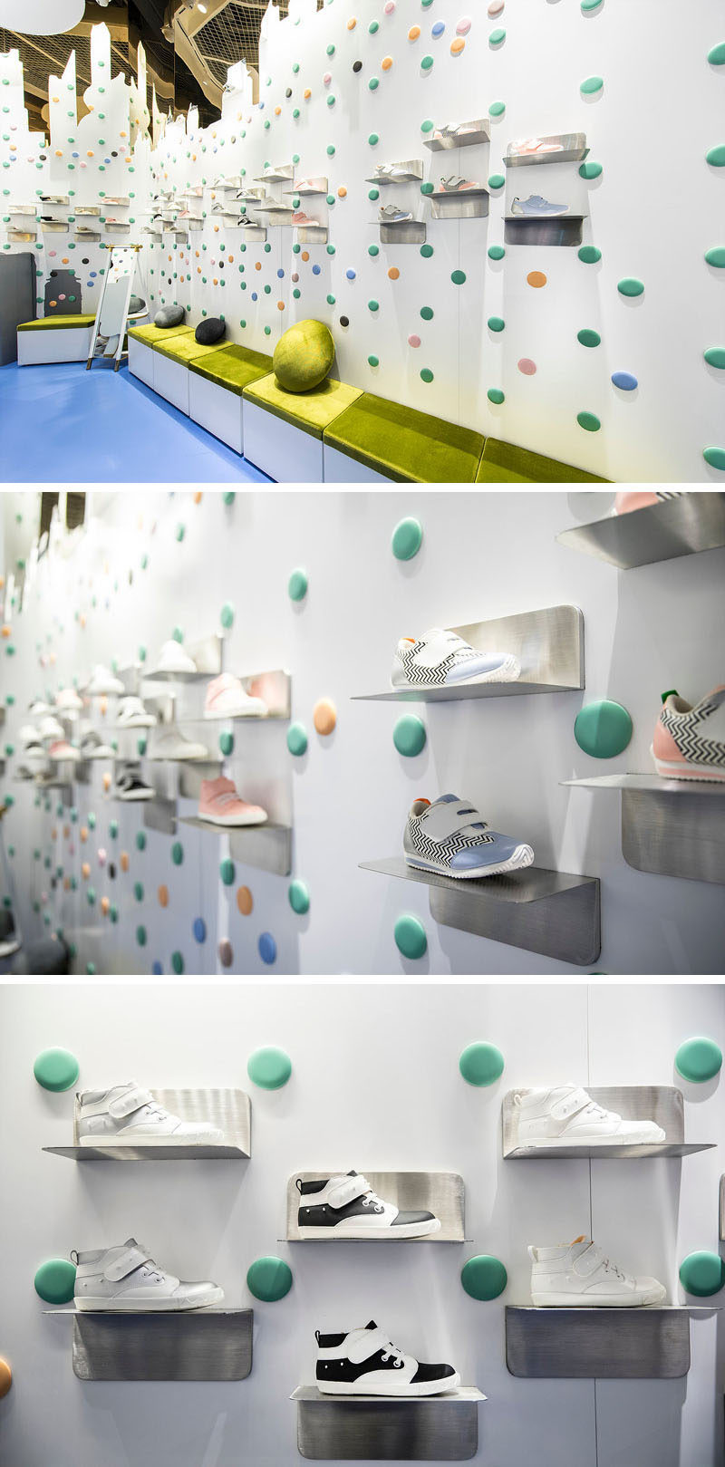 In this modern kid's shoe store, metal display shelves in the shape of an "L" are attached to the wall above a bench with a bright green cushion. #Shelving #ShoeStore #RetailDesign #InteriorDesign #StoreDesign