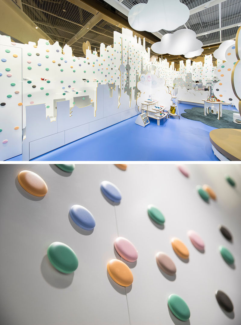 Throughout this fun shoe store, some of the colorful dots that adorn the walls are magnetic, allowing them to be switched out for shelving when needed. #ShoeStore #RetailDesign #InteriorDesign #StoreDesign