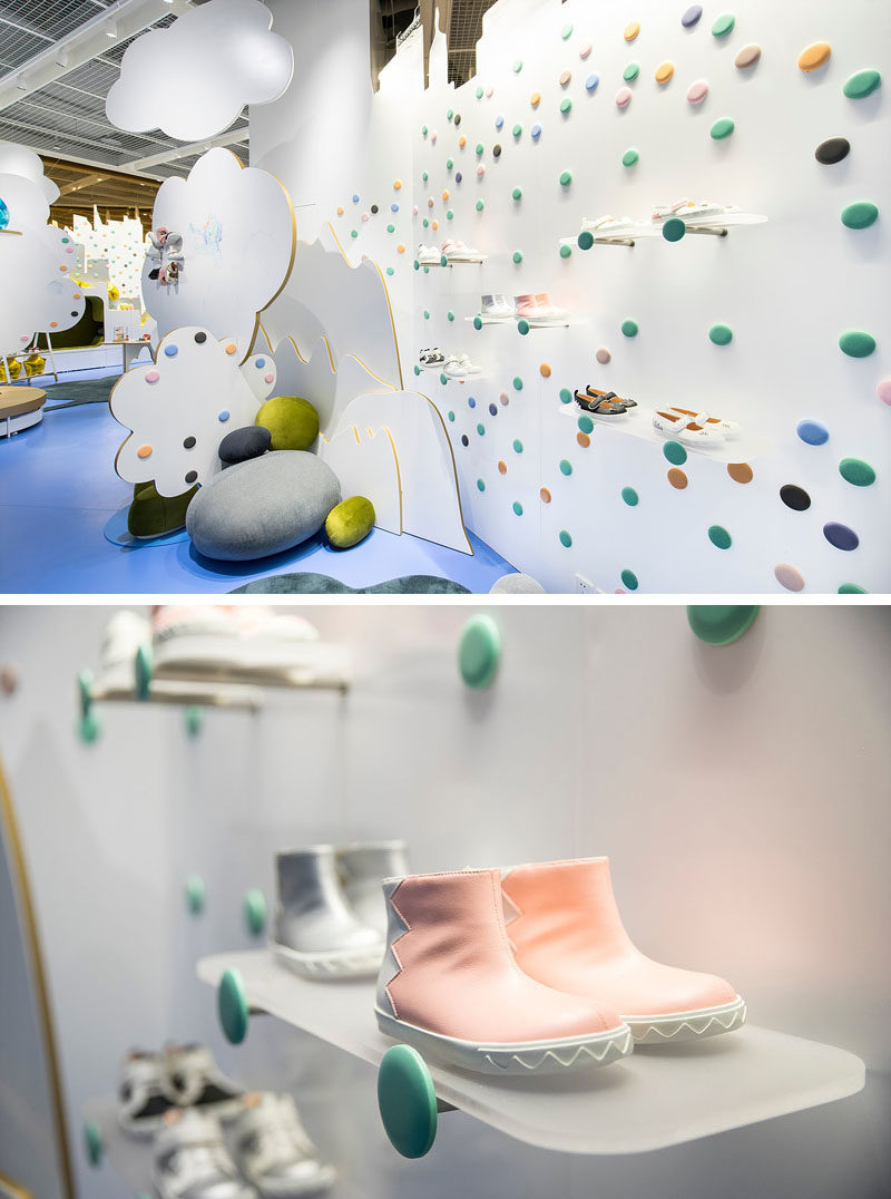 Inside this modern kid's shoe store, simple frosted shelves placed on hangers allow the shoes to appear like they are floating. #Shelving #ShoeStore #RetailDesign #InteriorDesign #StoreDesign