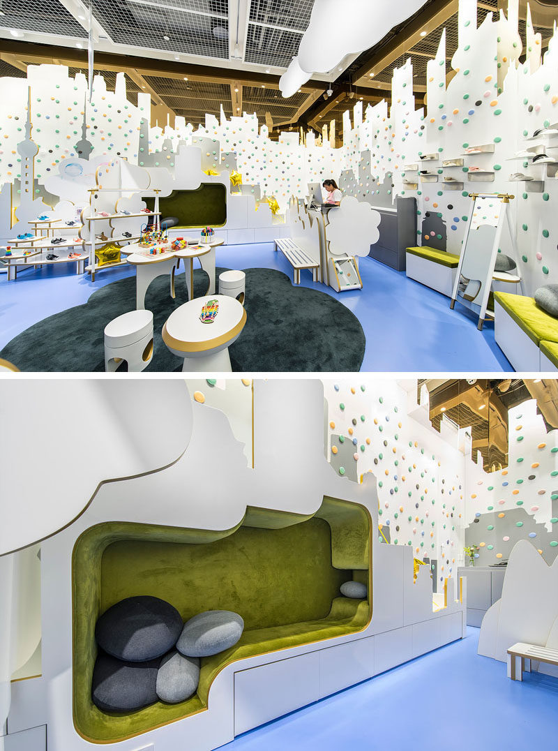 By the service area in this modern children's shoe store, there's cut-outs with gold steel edges and the white surfaces can be used by children to draw on, much like a whiteboard. There's also a built-in nook for kids to sit in or relax. #ShoeStore #RetailDesign #InteriorDesign #StoreDesign