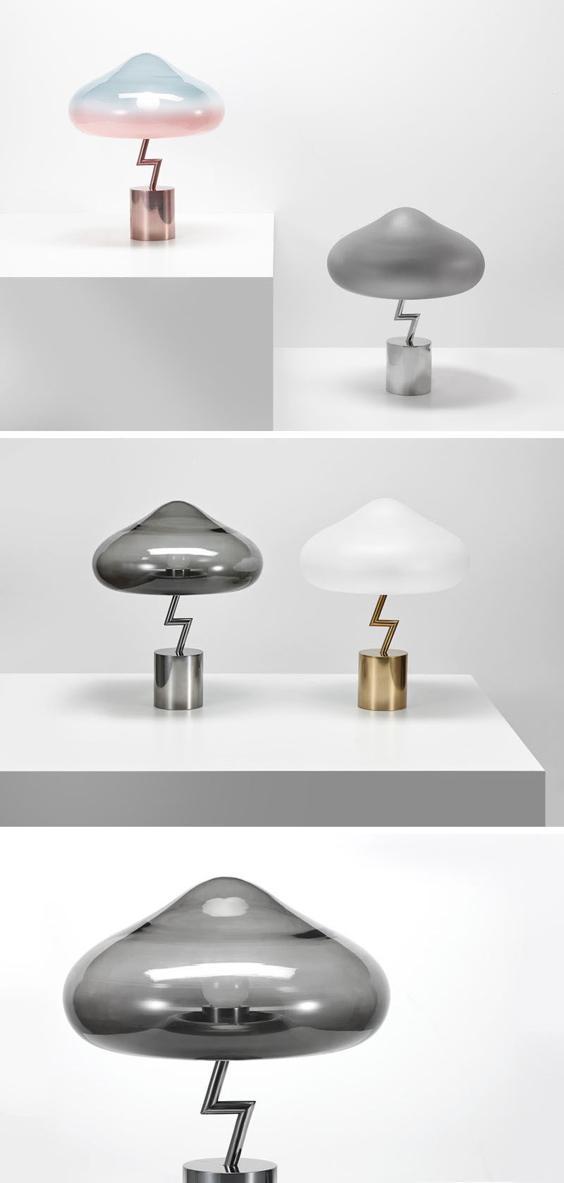 Korean designer Jiyoun Kim has launched his latest design named the Lightning Lamp, a collection of modern table lamps that has a glass cloud with a stainless steel lightning bolt. #ModernLighting #Design #TableLamp #Lighting