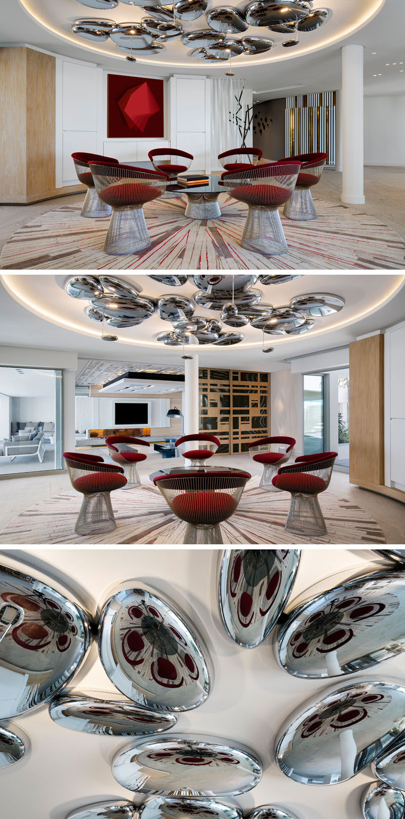 This modern house has a coffee lounge with a futuristic design approach. Mercury ceiling lights by Artemide are positioned above Platner arm chairs by Knoll. #SittingArea #ModernInteriorDesign #ModernFurniture #ModernLighting