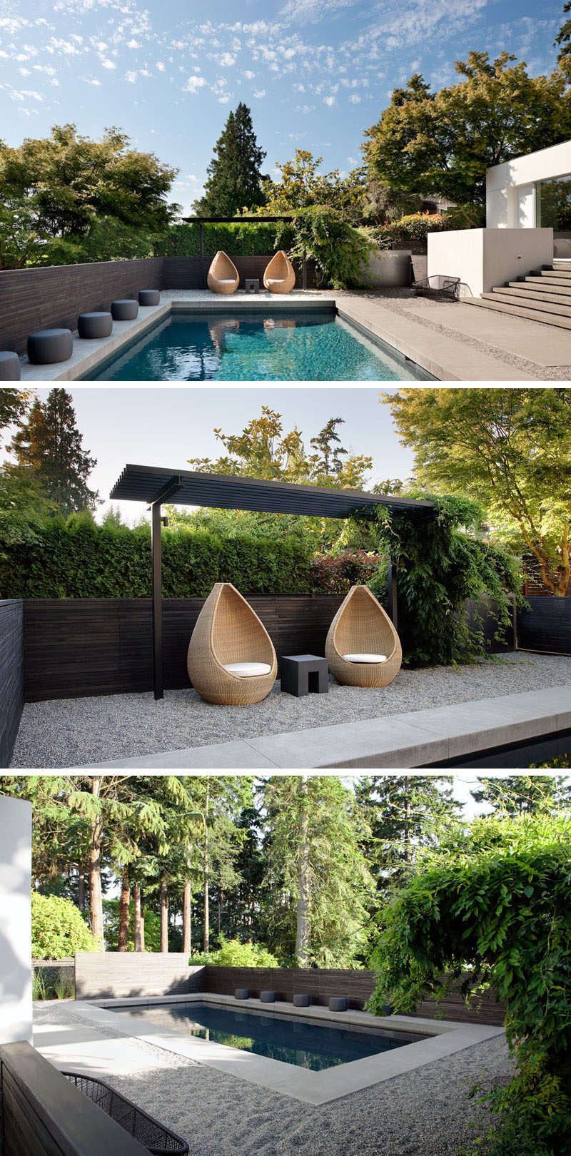 In this modern backyard there's a swimming pool and at one end, two sculptural chairs sit underneath a small pergola. Gravel surrounds the pool and a dark wood fence provides privacy. #Pergola #ModernBackyard #SwimmingPool #Landscaping #LandscapeDesign