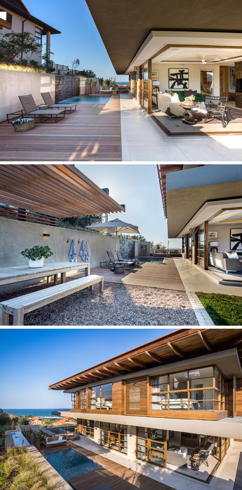 Just of the lounge in this modern house, is a rim flow swimming pool with a natural stone waterfall feature and a sundeck. By placing these elements at the side of the house, they are shielded from the winds coming off the ocean. #SwimmingPool #OutdoorSpace #ModernArchitecture