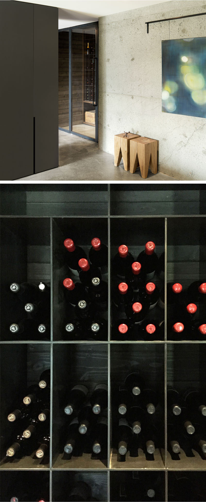 On the lower level of this renovated modern home, an existing foundation wall was exposed in the hall that leads to a small wine cellar off the workshop. #ModernHouse #WineRoom #WineStorage #WineCellar