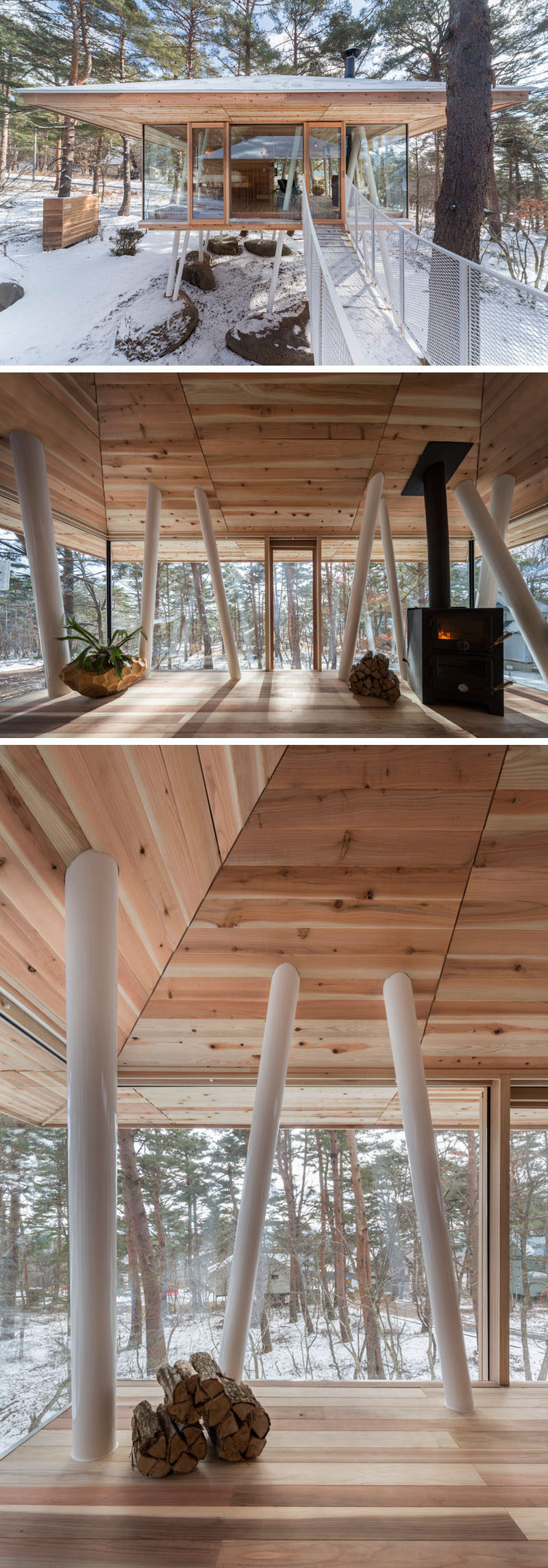 Architecture firm Life Style Koubou, have designed the 'One Year Project', a vacation home in Japan that features two separate buildings positioned on stilts and connected by a bridge. #Architecture #ModernArchitecture #Stilts #VacationHome #JapaneseArchitecture #InteriorDesign #Wood