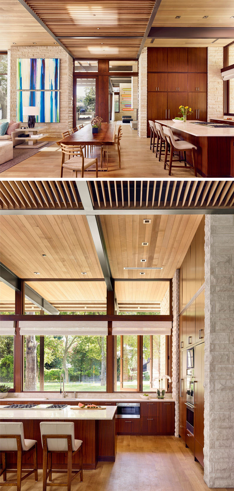 Wood cabinets in this modern kitchen compliment the wood dining table and the light counter ties in with the limestone throughout the house. #ModernHouse #WoodKitchen #Windows #ModernInteriorDesign #DiningRoom