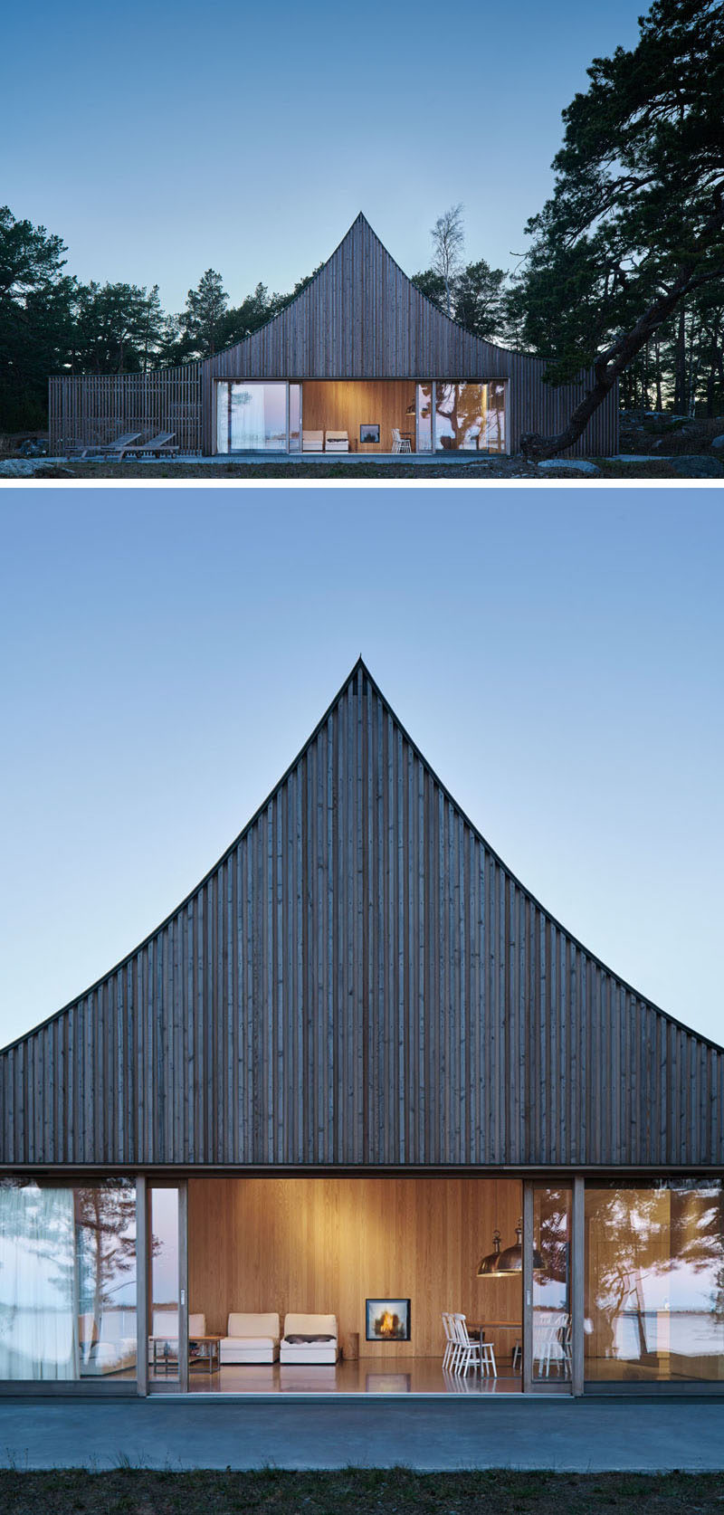 This Scandinavian house has a curved peaked roof with a facade of cedar wood, while large sliding glass doors open the house up to terrace with views of the open sea. #Architecture #Scandinavian #House #ModernHouse #SlidingGlassDoors