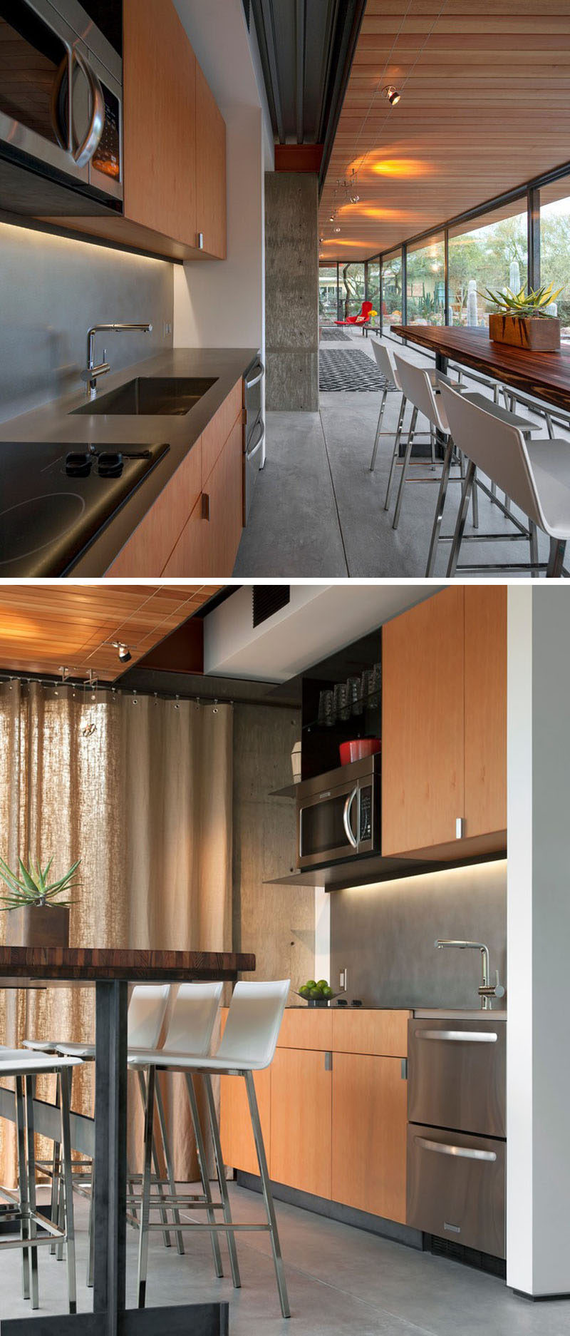 Stepping inside this modern guest house, there's a small kitchen with the essentials and a bar table with plenty of seating. #SmallKitchen #KitchenDesign #WoodKitchen #InteriorDesign #ModernKitchen