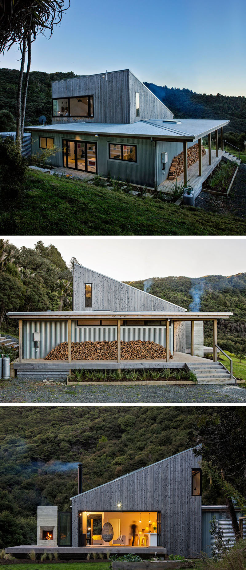 This modern house uses locally sourced wood and galvanized corrugated iron for the exterior materials. #ModernHouse #WoodSiding #MetalSiding #Architecture