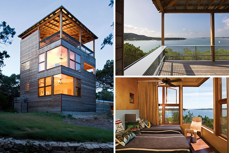 This wood clad Tower House, built as a separate extension to a cottage, is home to two bedrooms, two bathrooms and a covered terrace that sits 30 feet above the ground. #ModernArchitecture #ModernHouse