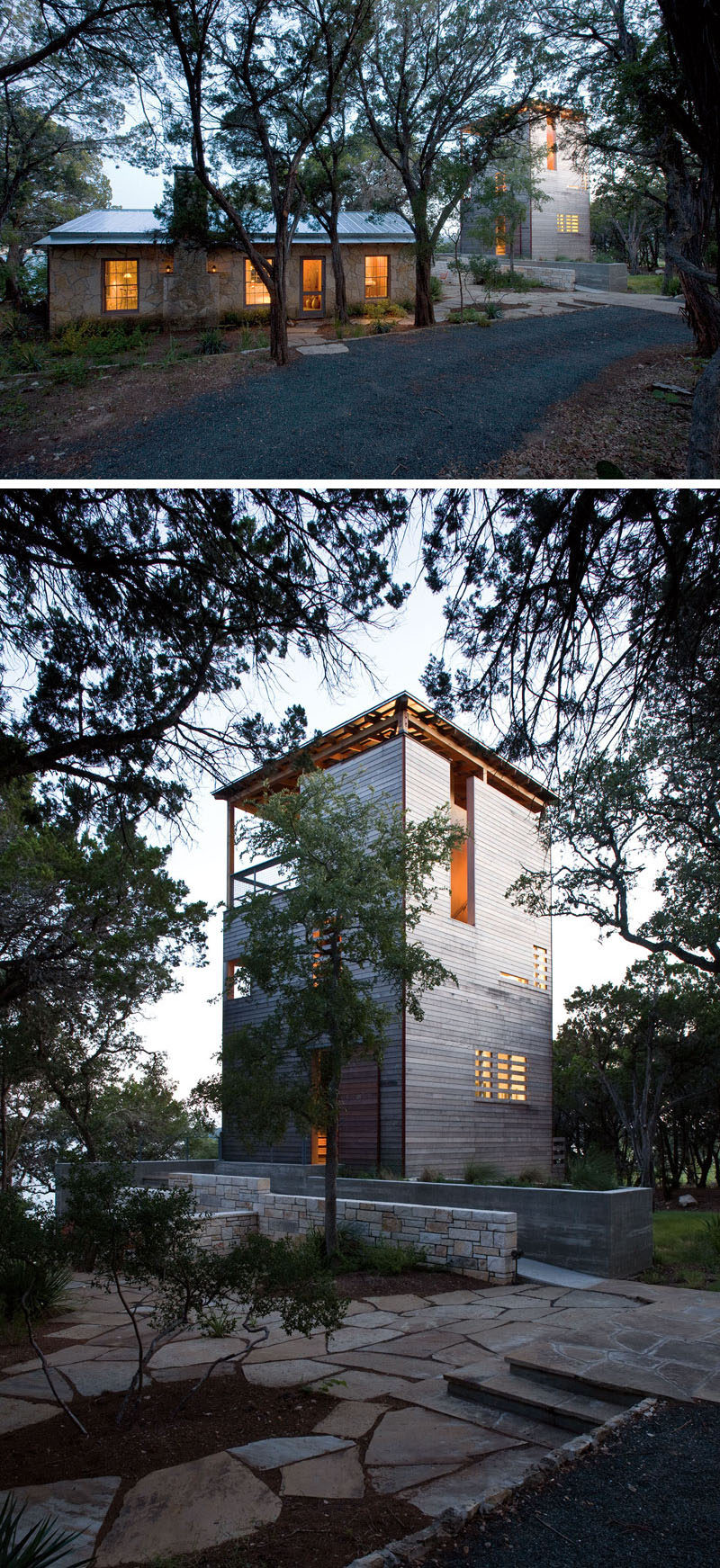 Andersson-Wise Architects have designed the Tower House in Austin, Texas, as a solution to their clients request for additional two bedrooms with baths and larger living area. Instead of building an extension onto a 1930's limestone cabin, they instead created a vertical tower of wood nearby. #ModernArchitecture #Tower #ModernHouse