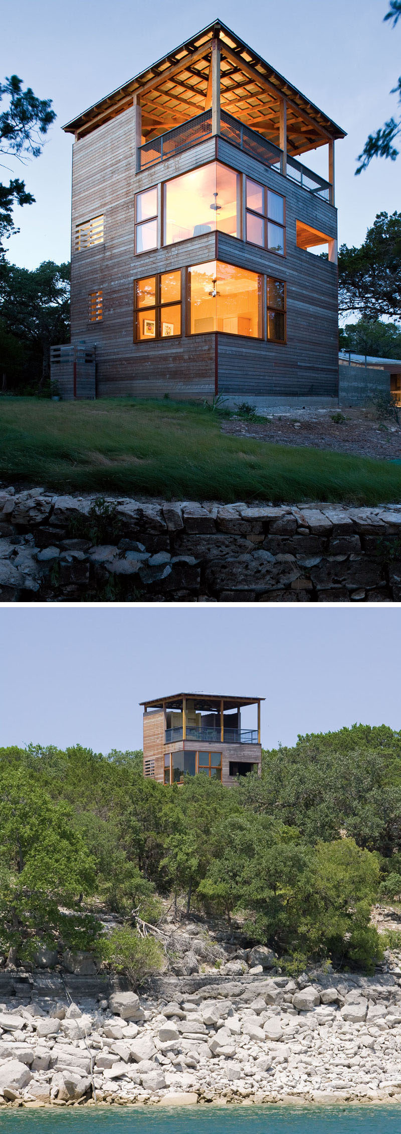 This three-storey modern tower rises up out of the forest and provides views of Lake Travis, which is barely visible at ground level through the surrounding trees. #ModernArchitecture