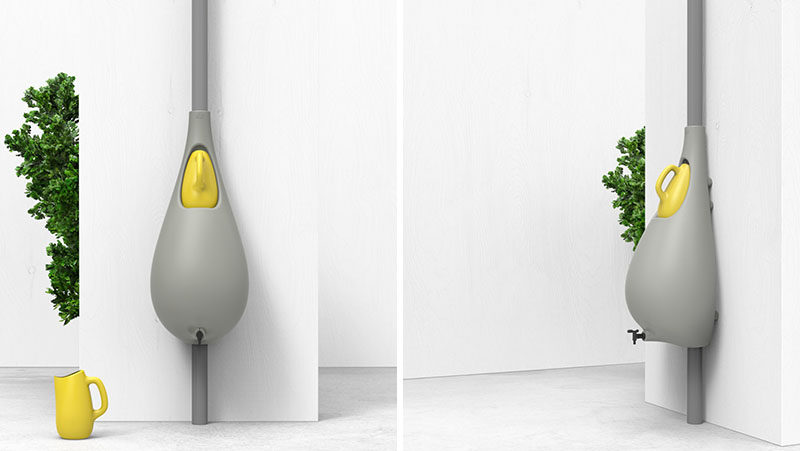 Dutch design firm Studio Bas van der Veer, has created Raindrop, a rain barrel with a watering can and tap, that mounts to a wall and collects rainwater. #Gardening #RainBarrel #Design