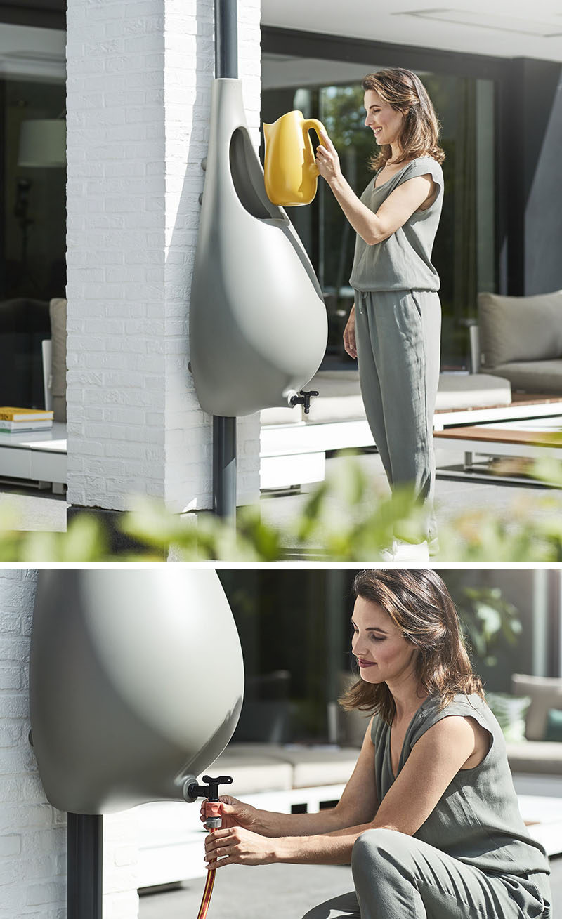 Dutch design firm Studio Bas van der Veer, has created Raindrop, a rain barrel with a watering can and tap, that mounts to a wall and collects rainwater. #Gardening #RainBarrel #Design