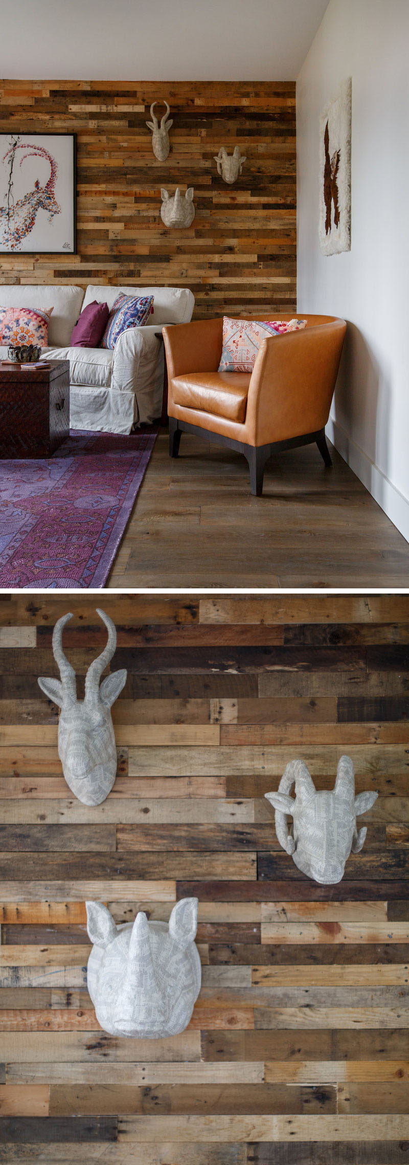 This sitting area has a wood accent wall that's decorated with faux-animal heads and artwork. #InteriorDesign #WoodAcccentwall