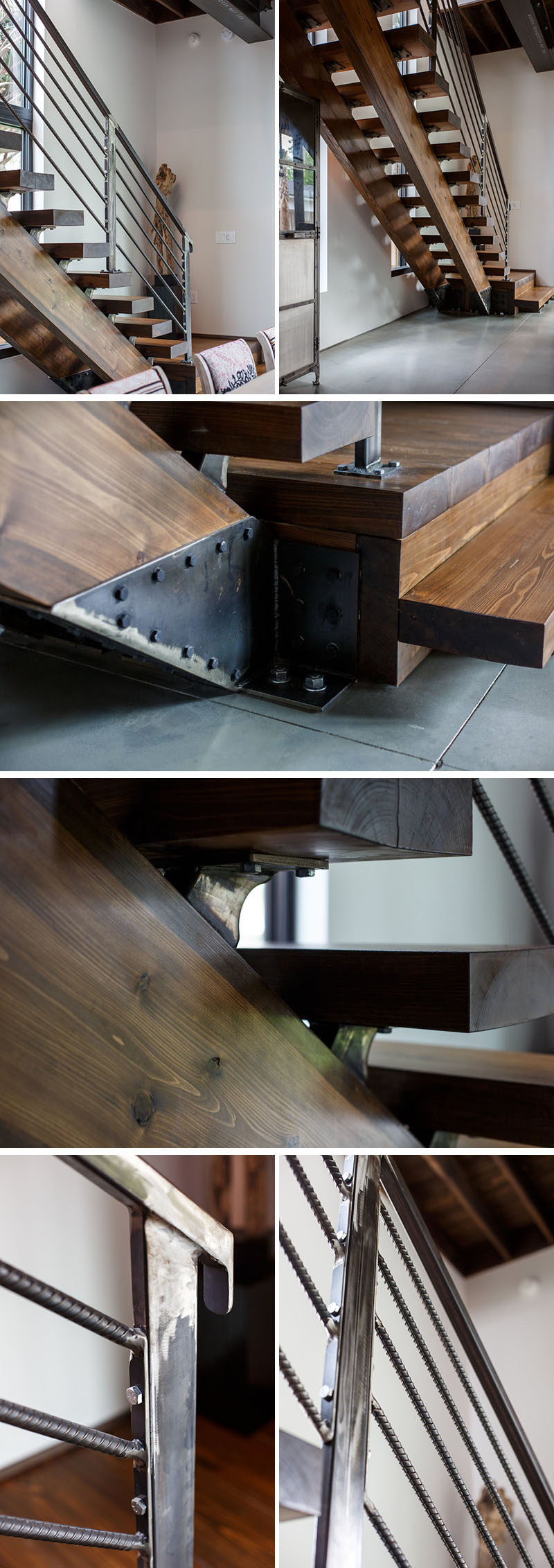 Wood stairs have been combined with metal accents and handrails in this modern house to bring an industrial touch to the interior. #Industrial #Wood #Steel #Stairs #Staircase #InteriorDesign