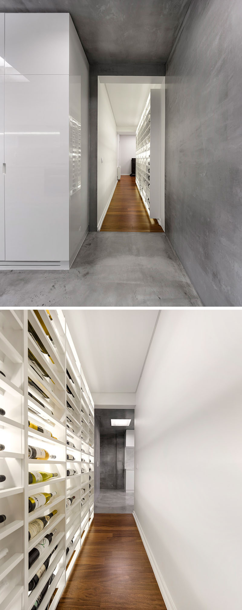 This modern apartment has a backlit wine wall in a hallway that connects the entrance hall to the kitchen. #WineStorage #WineWall