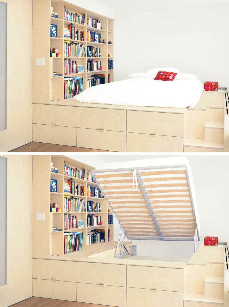In this modern bedroom, the bed was raised to provide plenty of storage underneath, while a bookshelf was added on one wall. #Bedroom #Storage #LoftBed #Shelving