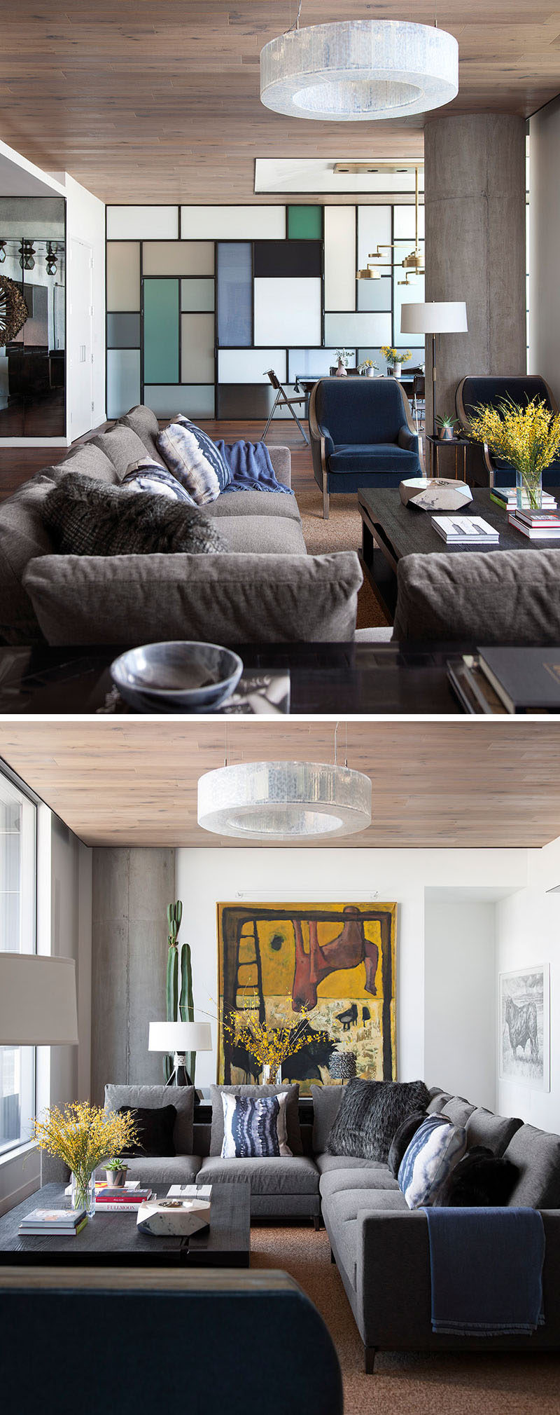 This modern living room has the furniture positioned to take advantage of the views, while the wood ceiling and floor add a sense of warmth to the apartment. #ApartmentDesign #LivingRoom #WoodCeiling