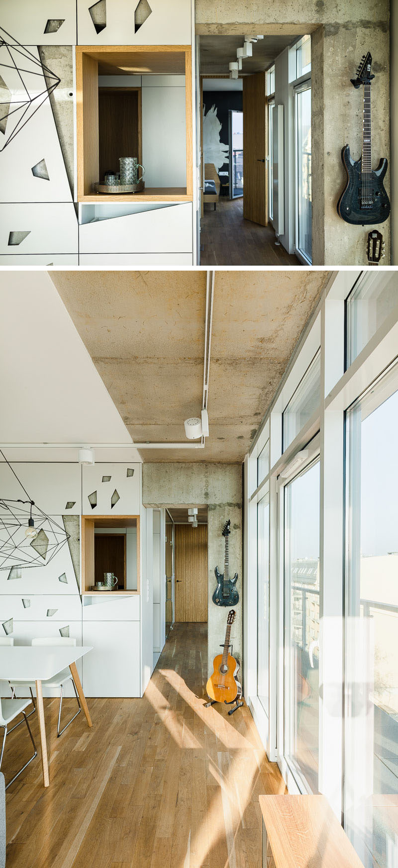 False cabinet doors have been added to hide a large concrete wall, with geometric cut-outs showing glimpses of the original wall. A wood lined shelf acts as a serving window from the kitchen to the dining area. #Shelving #InteriorDesign #WallAccents