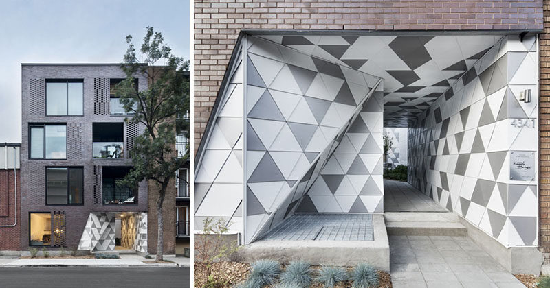 ADHOC architectes have designed a small, brick residential building in Montreal, Canada, that has geometric entryway and is inspired by a Geode. #Architecture #BuildingDesign