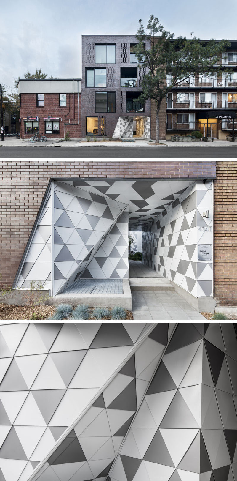 ADHOC architectes have designed a small, brick residential building in Montreal, Canada, that has geometric entryway and is inspired by a Geode. #Architecture #BuildingDesign