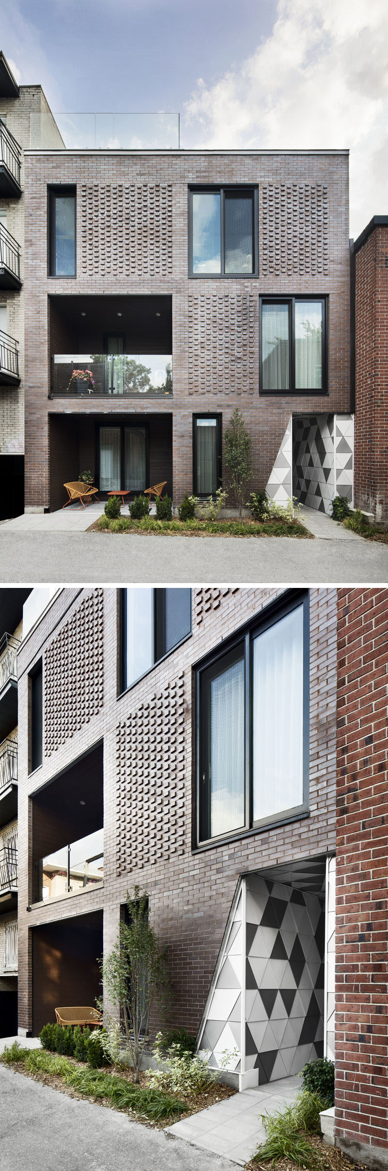 ADHOC architectes have designed a small, brick residential building in Montreal, Canada, that has geometric entryway and is inspired by a Geode. #Architecture #BuildingDesign