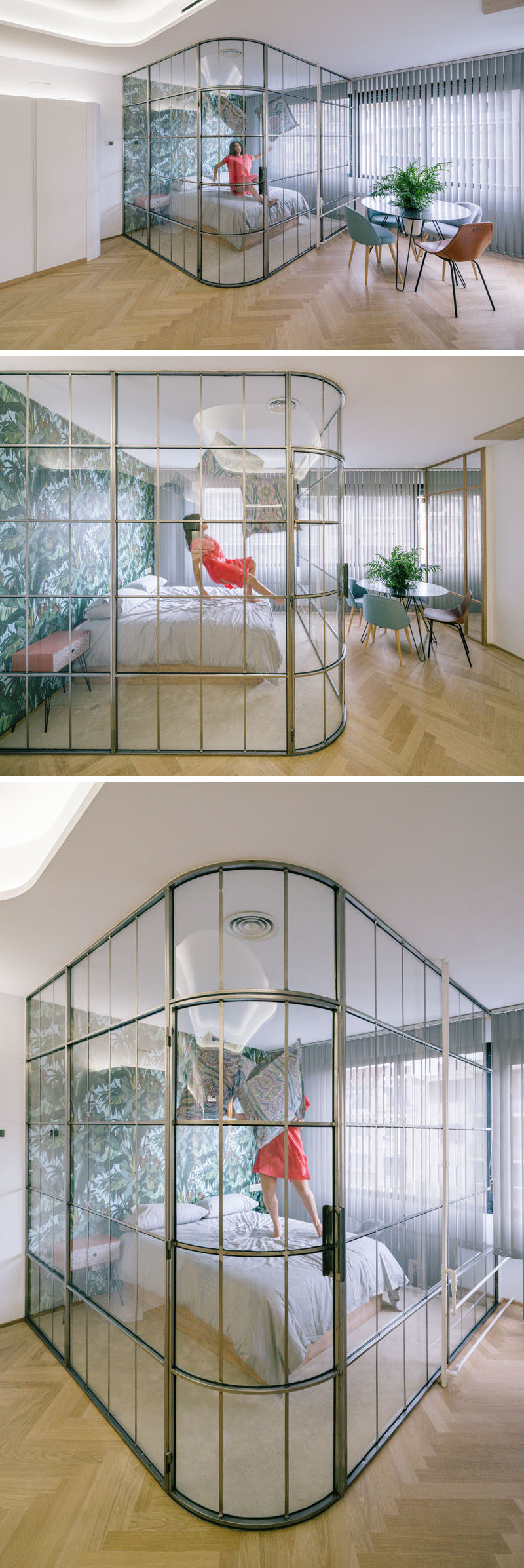 This modern bedroom is separated from the rest of the apartment by a framed glass wall. #GlassWall #BedroomDesign #FramedGlassWall #InteriorDesign #ModernBedroom