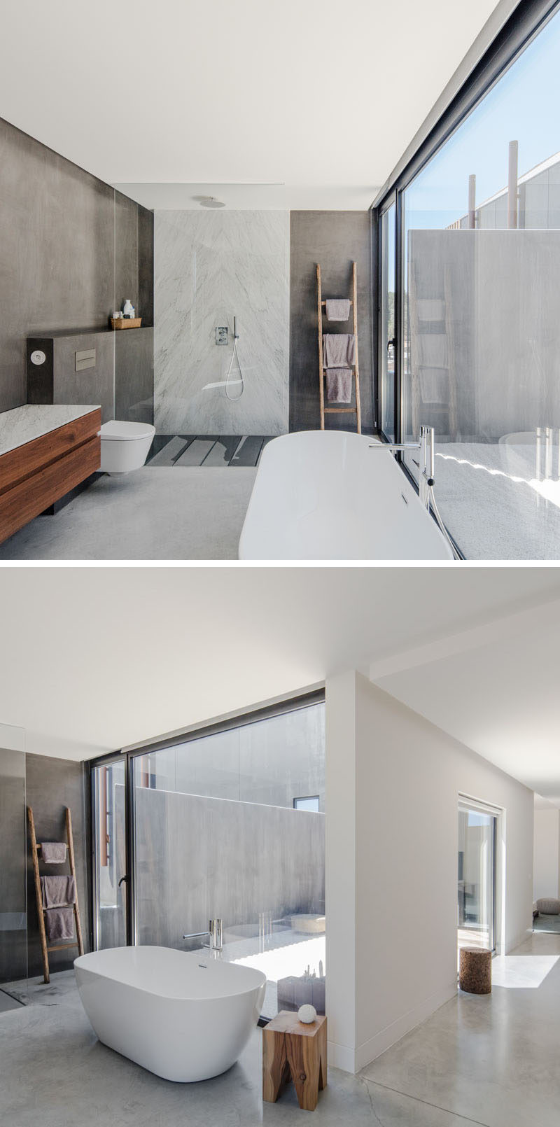 In this master bathroom, there's a large shower behind a glass screen, while a freestanding oval bathtub looks out onto the courtyard. #MasterBathroom #Windows #BathroomDesign
