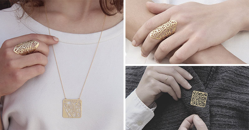 Industrial designer and jeweler Talia of TaliaSari, has created a line of jewelry that includes necklaces, rings and brooches, that are inspired by city maps. #ModernJewelry #ModernJewellery #Style #Design #Fashion