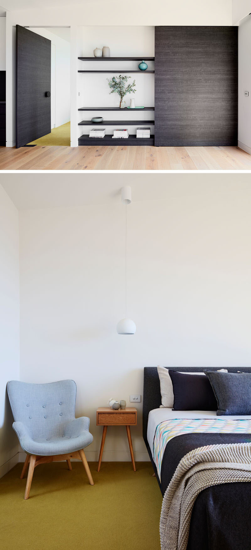 Located just off the kitchen and almost hidden within the shelving and kitchen cabinetry, is the door to the master bedroom. Green flooring has been used again as a color element in the mostly white interior. #Flooring #Shelving #InteriorDesign #Bedroom