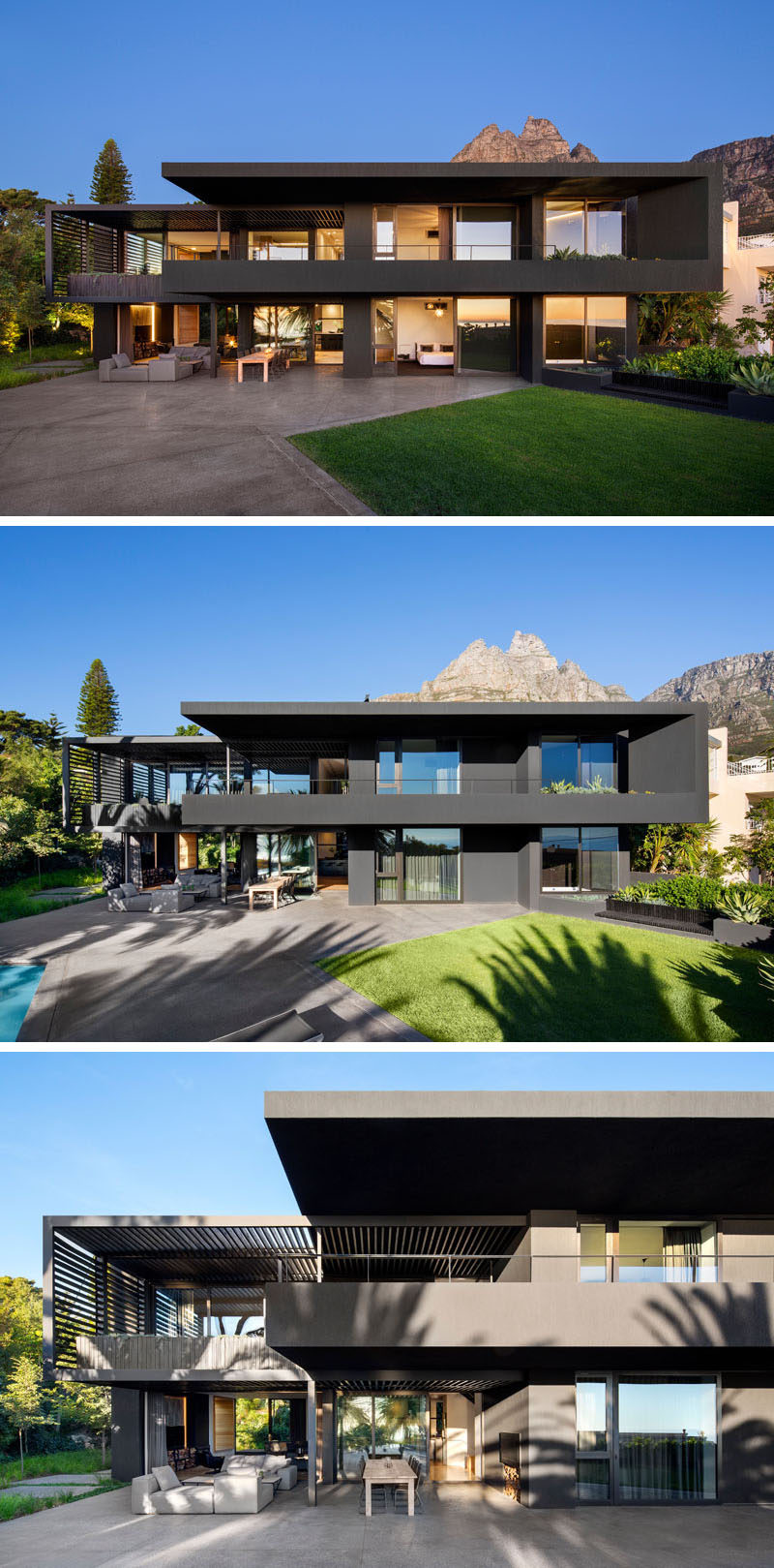 The rear of this modern house is filled with large windows and sliding doors on the lower level open the interior to a large patio with an outdoor lounge and dining area, and the backyard that has a swimming pool. #Windows #Backyard #ModernHouse #BlackHouse