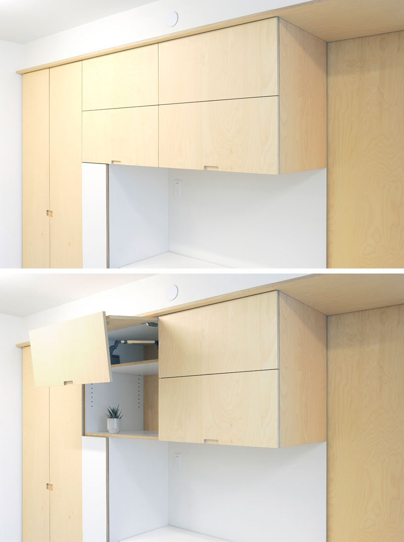 These plywood storage cabinets that have doors that open vertically. #Cabinets #Storage