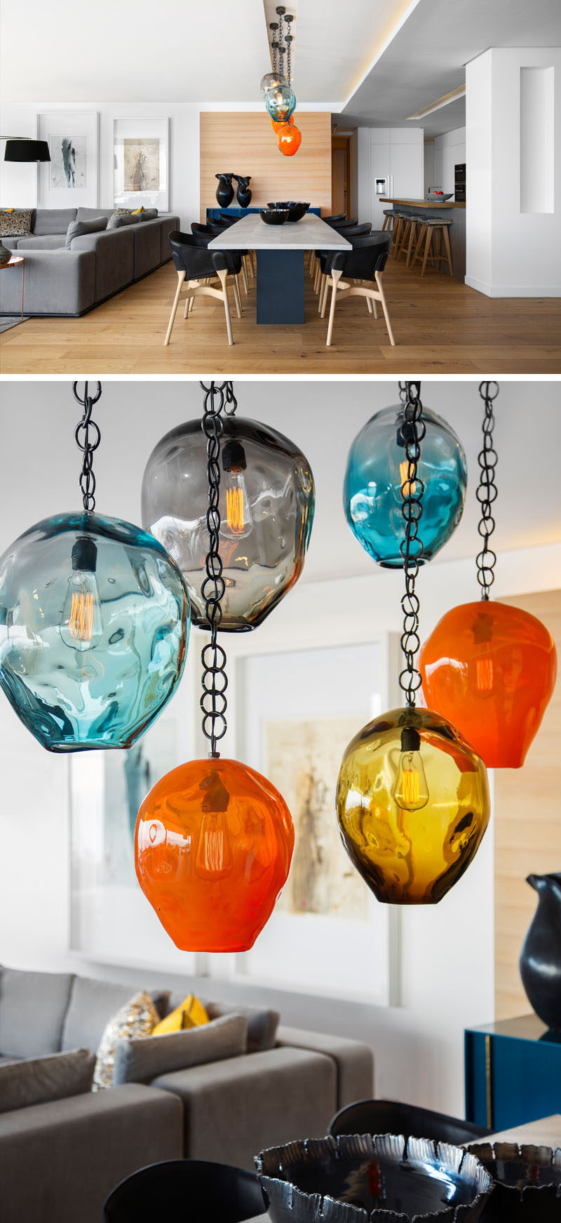 Hanging above this modern dining table are custom glass pendants by David Reade, that add vibrancy and colour to the room. #DiningRoom #GlassPendants #Lighting