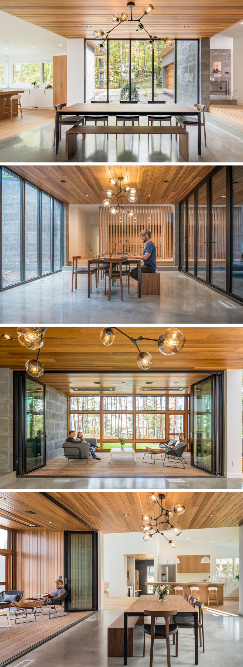 This modern house features a glass core that creates an abundance of light and shows off the lake views. The glass walls also separate the large dining area from a enclosed porch. When needed the glass wall can be opened to expose the porch and increase the size of the interior space. #ModernDiningRoom #GlassWalls #ModernHouse #EnclosedPorch