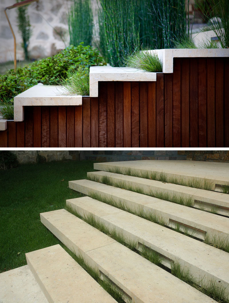 This modern backyard has permeable stone steps that connect the different terrace levels. #OutdoorStairs #Stairs #Garden #Landscaping