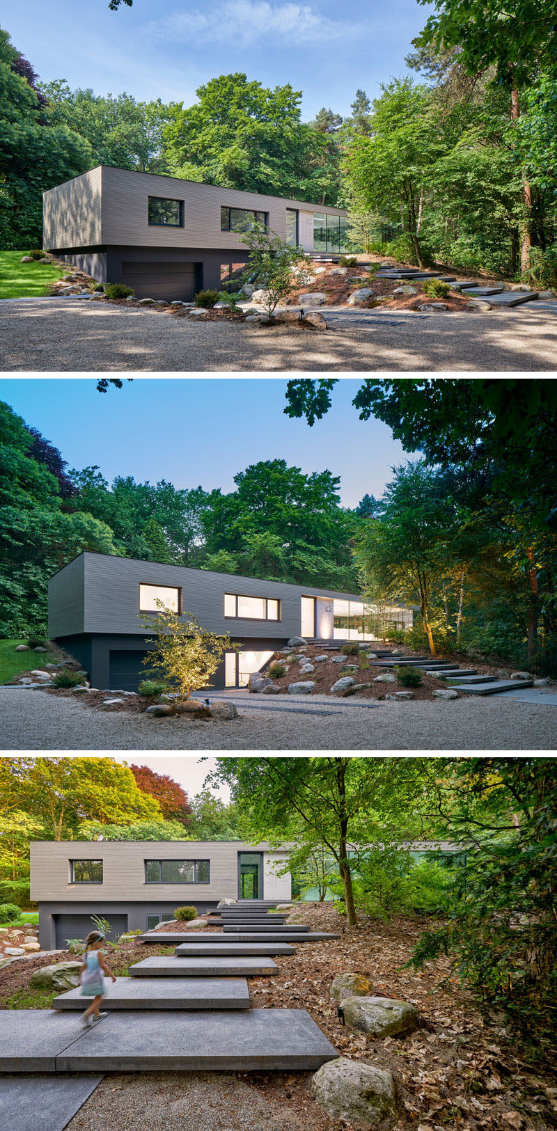 This modern two-storey house has a lower level that's covered in dark stucco and is home to a double garage and a home office. A stepped path leads from the driveway to the front door. #ModernHouse #Landscaping #Architecture