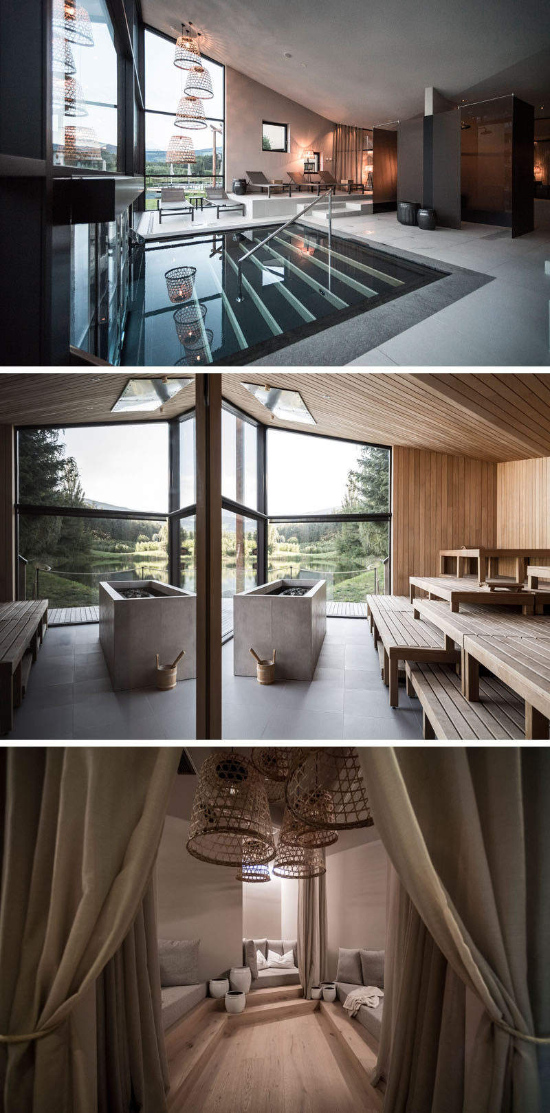 This modern hotel in Italy has a wellness center where large windows provide views of the trees and tiered levels have been used to create different seating areas, while in the sauna more windows give people a connection to nature. There's also a darker room with private lounges that can be closed off with curtains. #WellnessCenter #HotelDesign #SpaDesign